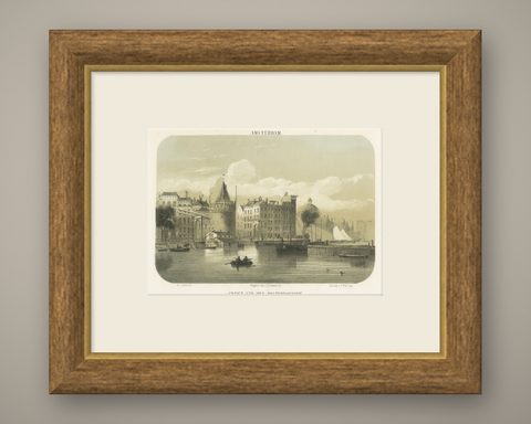 1857 Lithograph of Amsterdam’s Oosterdok Quay and Harbor, shown framed