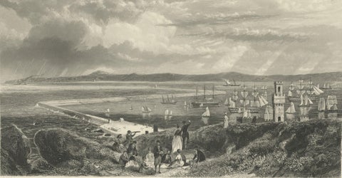 Old Decorative Maritime Print of Ships in an Harbour, Possibly England, C.1860, close-up 1