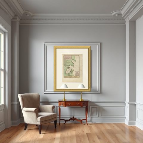 Antique Map of The Harbour of Acapulco in Mexico, 1749, shown framed in a room