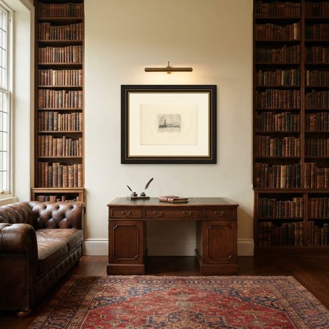 Antique Great Yarmouth Fishing Boats Maritime Etching by E.W. Cooke, 1828, shown framed in a room