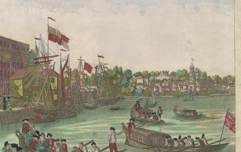 Optical View of New York City Manhattan Harbor Hand-Colored Augsburg, ca.1775, close-up 4