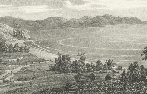 Scenic Views of Inseln Bay, New Zealand, from the Astrolabe Voyage, circa 1836, close-up 1