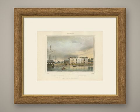 Antique View of Amsterdam Naval Arsenal, Hand-Colored Lithograph c.1850, shown framed