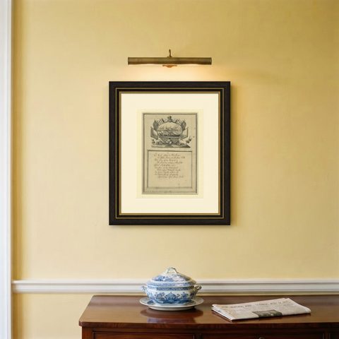 18th-Century German Engraving, Allegory of War, Poem & Naval View, shown framed on a wall