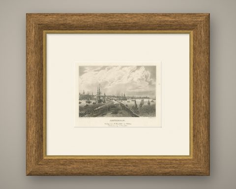 Amsterdam Harbor View: Antique 19th Century Engraving of Maritime Life, shown framed