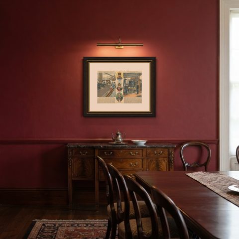 Conflict with Siam, a French Naval Action Scene, Épinal Colonial Print, 1893, shown framed in a room