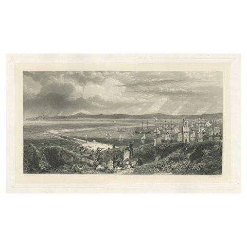 Old Decorative Maritime Print of Ships in an Harbour, Possibly England, C.1860