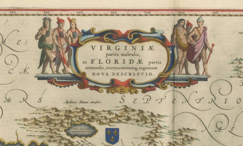 Blaeu Virginia and Florida Map, Decorative Early America Chart, 1642, close-up 2