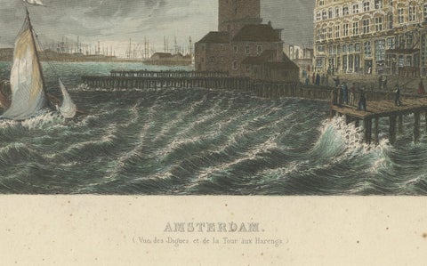 Hand-Colored Engravings of Dutch Maritime Scenes: Amsterdam and River Dort, 1830, close-up 1