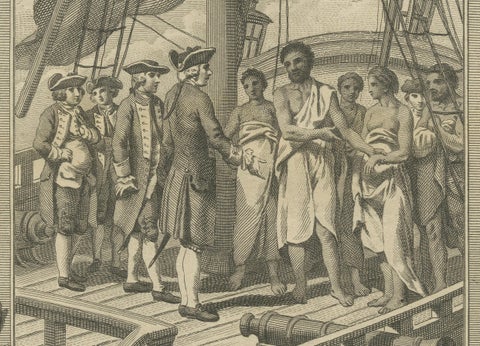 1778 Engraving: Captain Cook's Second Voyage, Meeting the Tahitians, close-up 2