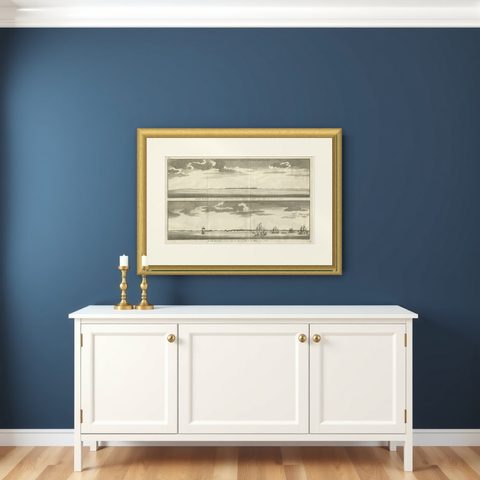 Antique Print with Views of Cape Blanco on the Patagonia / Argentina Coast, 1749, shown framed on a wall