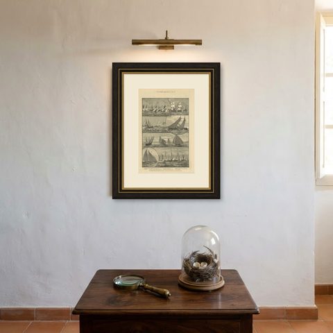 Antique Print of the Mediterranean Fleet Regatta at Palma, 1881, shown framed on a wall