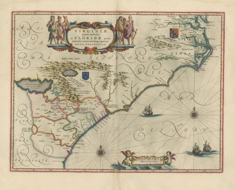 Blaeu Virginia and Florida Map, Decorative Early America Chart, 1642, close-up 1