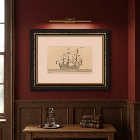 Antique Print of a Three-Masted Man-of-War, circa 1770, shown framed on a wall