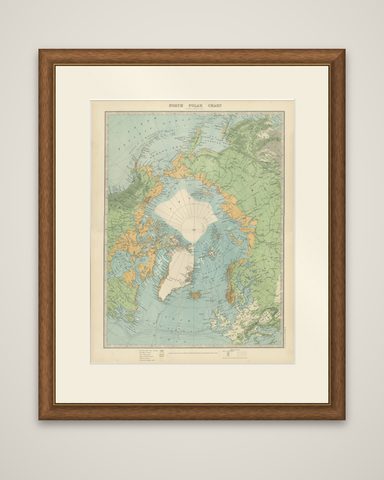 Vintage North Polar Chart, Greenland & Arctic Exploration Routes, 1903, shown framed