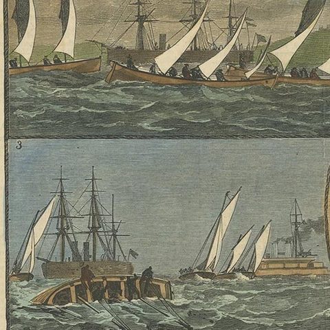 Antique Print of the Mediterranean Fleet Regatta at Palma, 1881, Colored, close-up 1