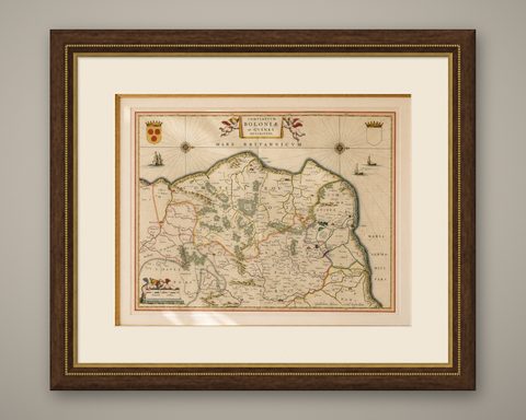 Blaeu Map of Boulogne & Calais Coast, Maritime France, Ships c.1642, shown framed