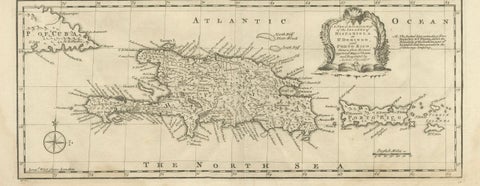 Antique Map of Cuba & Hispaniola, Caribbean Sea Chart by Bowen, 1744, close-up 3