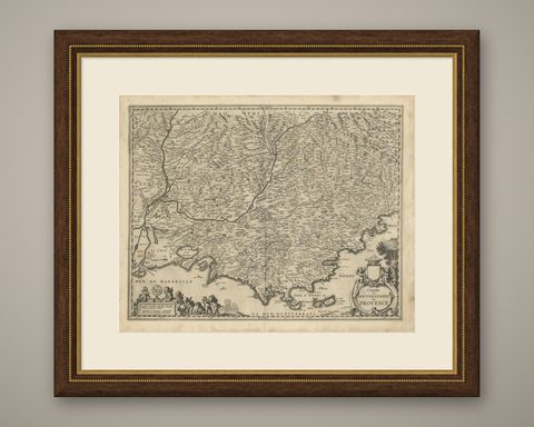Original Antique Map of the Southern Coast of France by Janssonius, 1657, shown framed