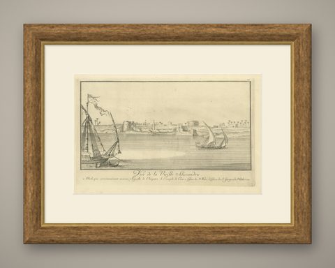 Old Alexandria Harbor, Antique Egypt Engraving by Norden & Tuscher, 1755, shown framed