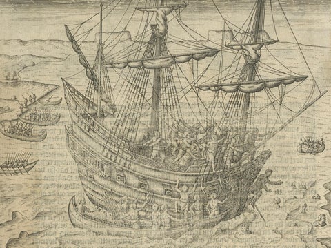 Early Dutch Exploration Scene with Exotic Wildlife and Naval Encounter, 1611, close-up 1