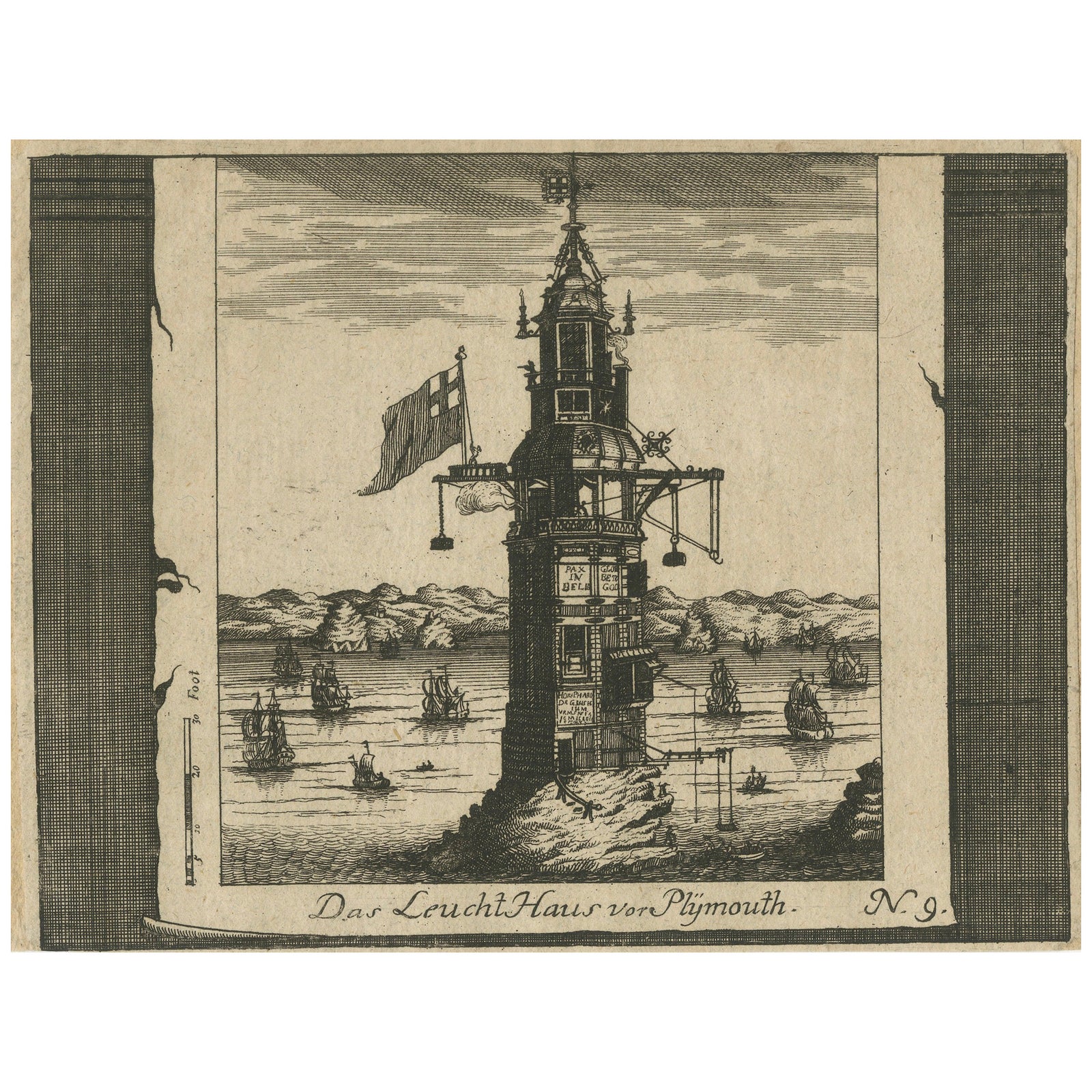 Lighthouse at Plymouth, Engraving by Pieter van der Aa, Leiden 1707