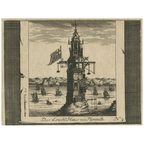 Lighthouse at Plymouth, Engraving by Pieter van der Aa, Leiden 1707