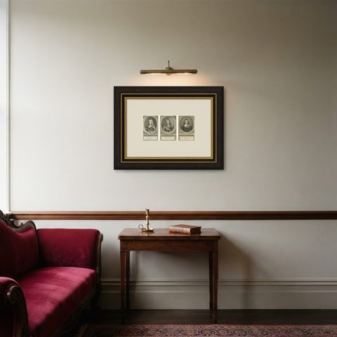 Set of Three Dutch Naval Portraits, Tromp, Van Ghend, and Florisz, c.1700s, shown framed in a room