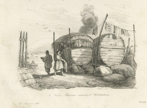 Antique Print of Chinese Boats and a Chinese Village by Dumont d'Urville '1834', close-up 2
