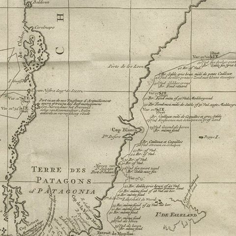 Antique Map of Tracks of Anson's Ships around South America & Cape Horn, 1749, close-up 2