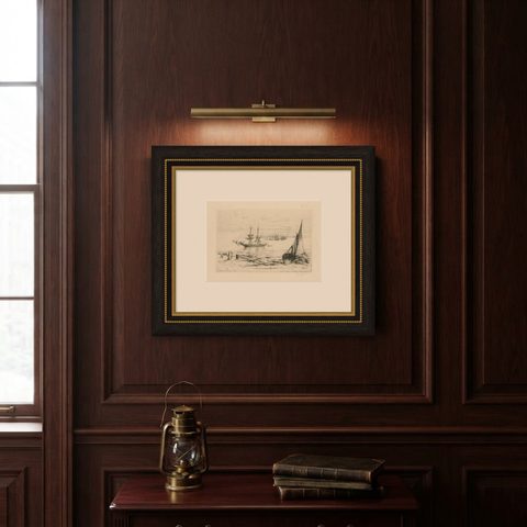 A Brig at Anchor, Thames, Haden, 1870, British Etching Revival, shown framed on a wall