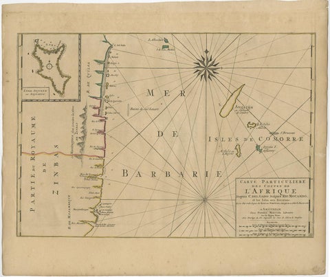 Map of the Mozambique and Tanzania Coast & Inset Map of Anjouan Island, ca.1700, view 2
