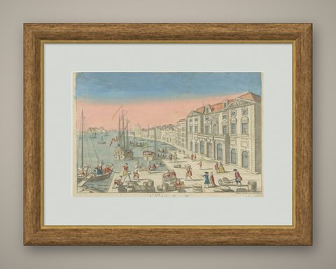 The Port of Marseille, 18th Century Hand-Colored Engraving by Daumont, Paris, shown framed