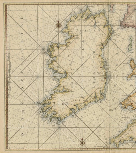 Large 1693 Maritime Map of Irish Sea, West Coasts of Ireland, England, Scotland, close-up 1
