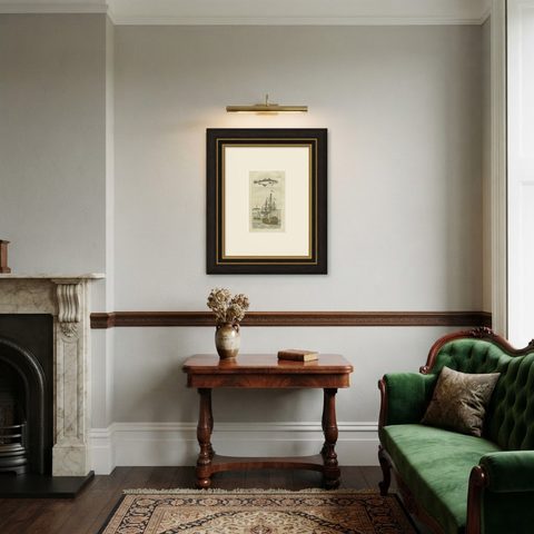 Antique Print of Cod and a Cod Fishing Ship, shown framed in a room