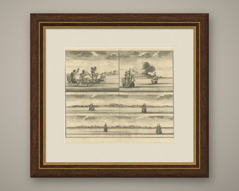 Old Print of VOC Ships & Native Fisherman and Coastal Views of New Guinea, 1726, shown framed