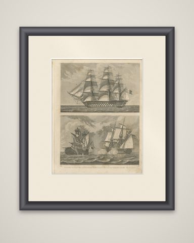 Antique Sea Battle Print Between an American and a British Ship, 1847, shown framed