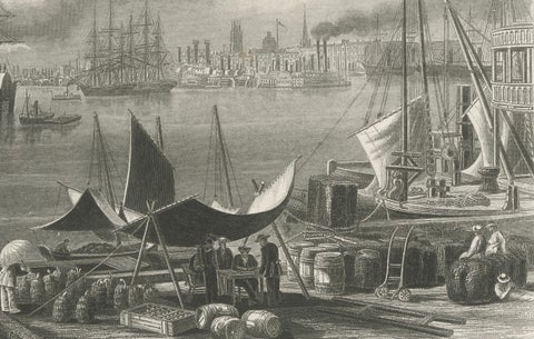 New Orleans Harbor, Mississippi River Shipping and Steamers, Engraving ca.1850, close-up 3