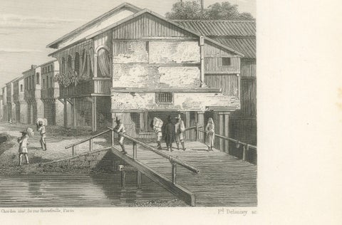 Antique Engraving of Guayaquil, Waterfront and Harbor City View, 1867, close-up 1