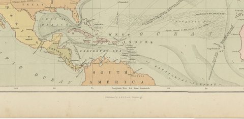 Antique Chart of the Atlantic Ocean, Europe to North America Route, 1870, close-up 1