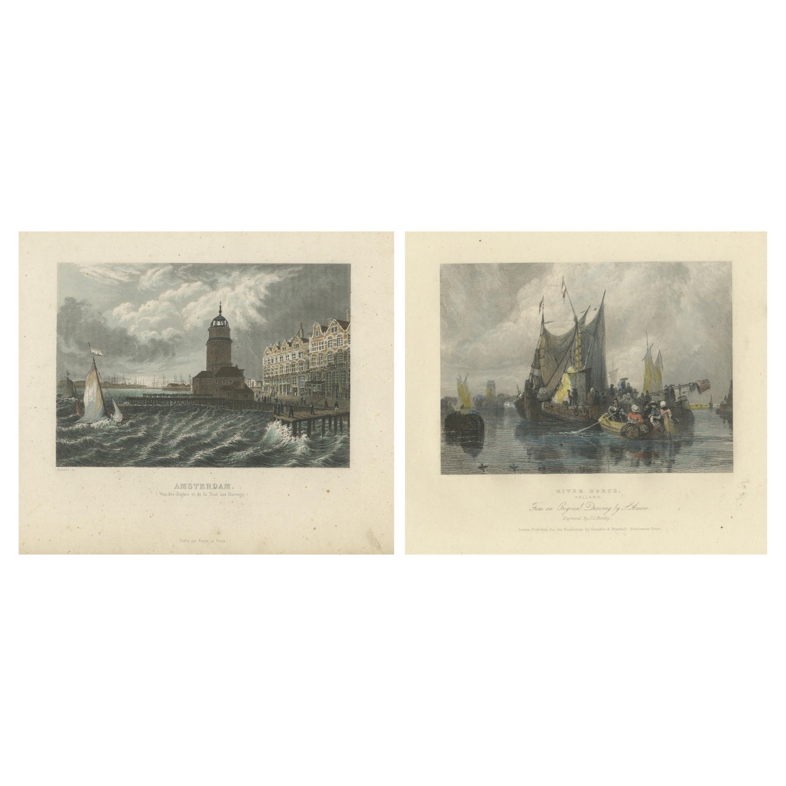 Hand-Colored Engravings of Dutch Maritime Scenes: Amsterdam and River Dort, 1830