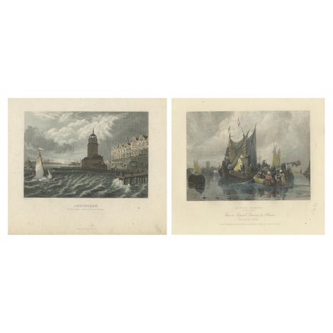 Hand-Colored Engravings of Dutch Maritime Scenes: Amsterdam and River Dort, 1830