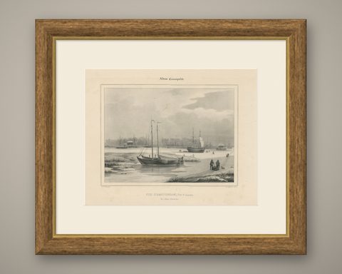 Amsterdam View with Ships and Ice Skaters, Vue d’Amsterdam, circa 1850, shown framed