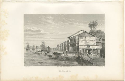 Antique Engraving of Guayaquil, Waterfront and Harbor City View, 1867, view 2