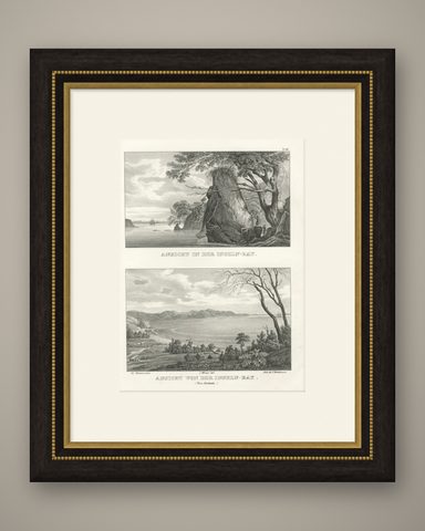 Scenic Views of Inseln Bay, New Zealand, from the Astrolabe Voyage, circa 1836, shown framed