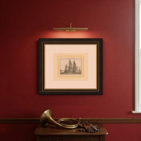 Antique Print of a Vessel with All the Sails by Pluche '1735', shown framed on a wall