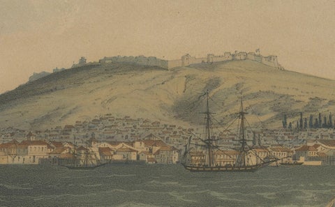 View of the Dardanelles: Fortified Hill and Ships, Hand-Colored Lithograph, 1840, close-up 4