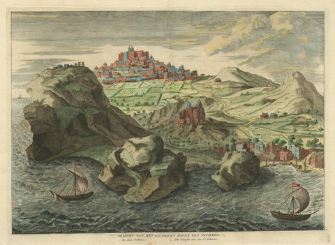Old Engraving the City and Harbour of Pathmos, Patmos or Patimo in Greece, 1725, close-up 1