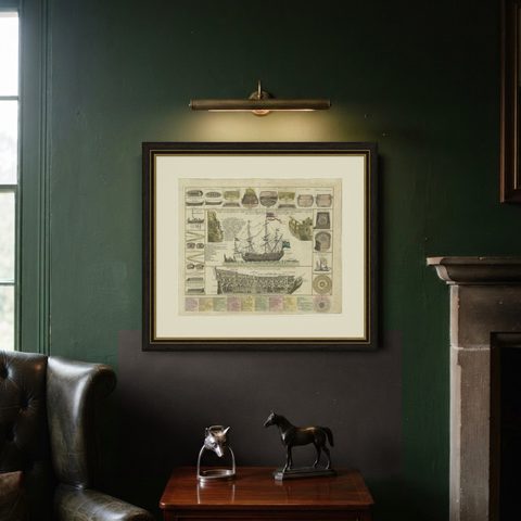 Detailed 1730 Maritime Warship Print with Tools, Rigging, and Ship Cross-Section, shown framed on a wall
