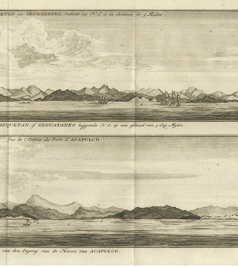 Antique Print of Zihuatanejo and the Harbour of Acapulco by Anson '1749', view 4
